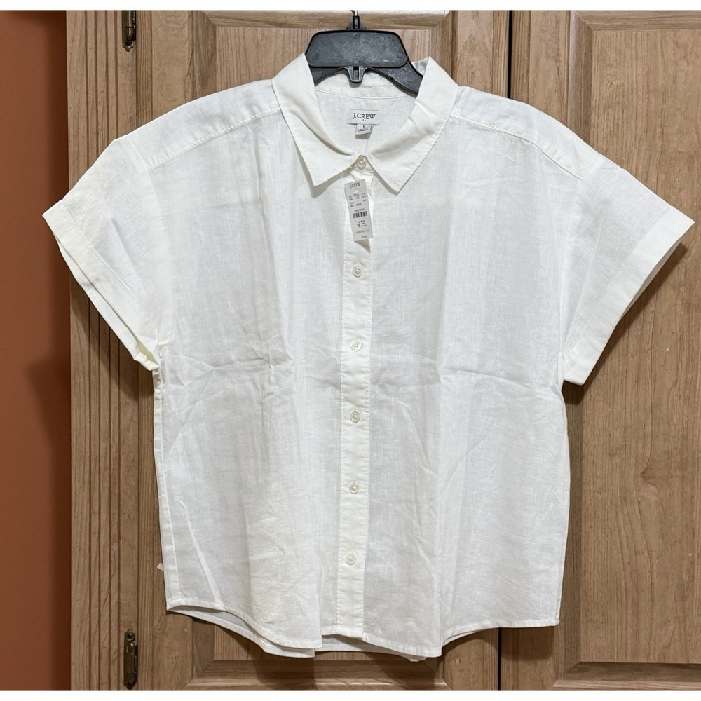 J Crew Womens White Linen Blend Large Boxy Shirt Button Up Short Sleeve Top NWT